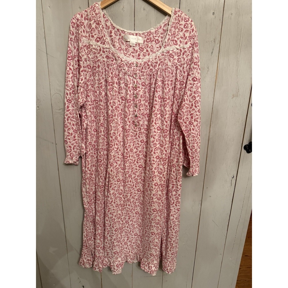 Eileen West Red White Floral Nightgown Lace Trim Button Front Soft Knit Sz XL - Picture 2 of 10